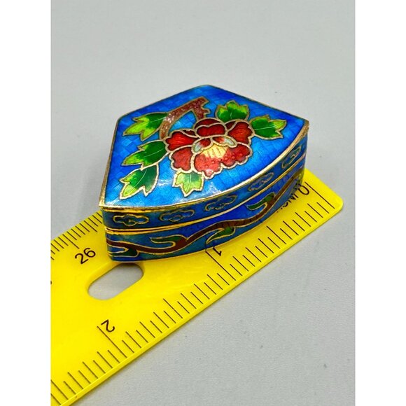 Vintage Cloisonne Trinket Box Blue enamel Flower Design Hinged Small Box - Picture 11 of 11